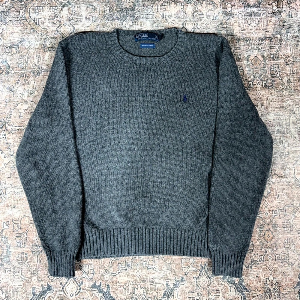 Vintage Polo Ralph Lauren Sweater Mens L Gray Cotton Ribbed Pony Holiday Grandpa